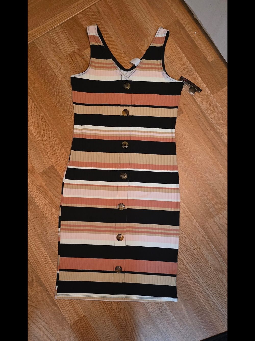 Striped Button-Front Mini Dress in Black, Tan, Cream, Pink -Size Large Brand New
